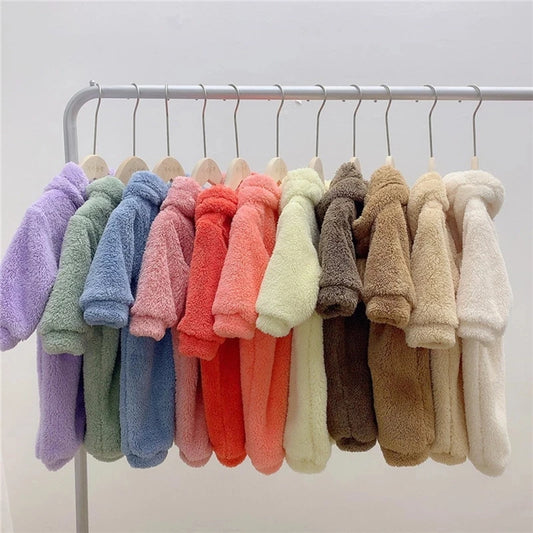 Autumn Baby Rompers Cute Bear Hooded Toddler Boys Rompers Warm Fleece Newborn Baby Clothes