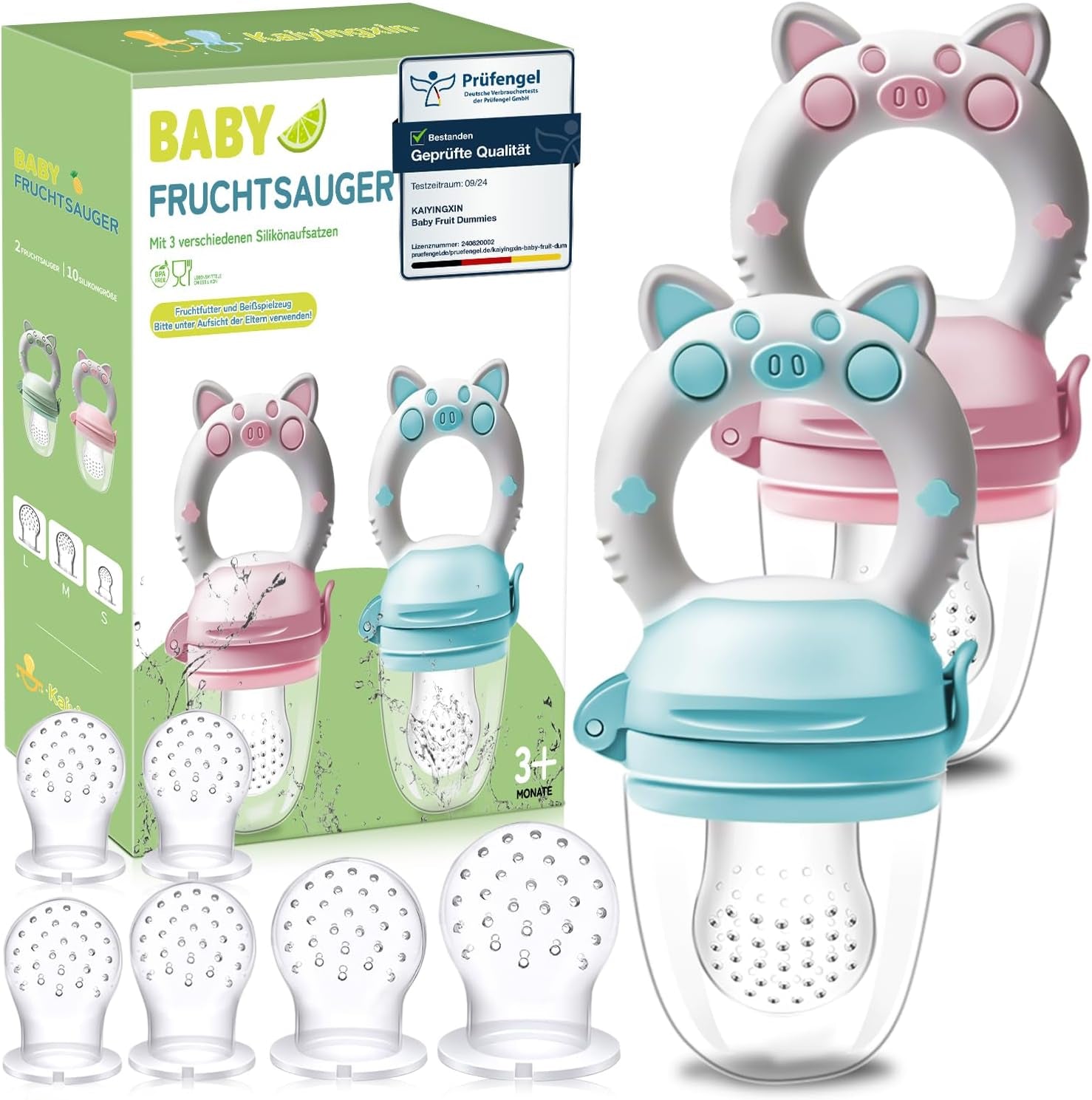 Bébé Grignoteuse avec 2 Grignoteuses à Fruits et 8 Tailles de Tétines Sans BPA - Diversification Alimentaire pour Enfants de 3 à 24 Mois, Rose et Bleu