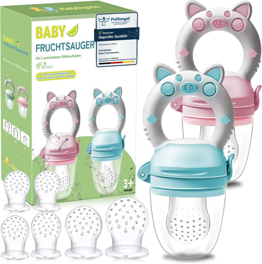 Bébé Grignoteuse avec 2 Grignoteuses à Fruits et 8 Tailles de Tétines Sans BPA - Diversification Alimentaire pour Enfants de 3 à 24 Mois, Rose et Bleu