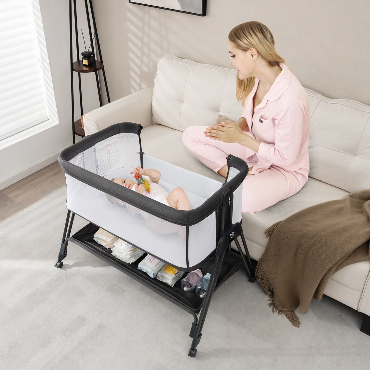 Lit De Chevet Pour Bébé Berceau Lit Pliant Portable Berceau Réglable Avec Rangement Gris/Noir