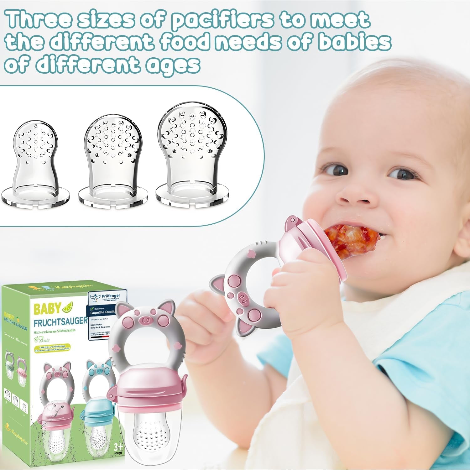 Bébé Grignoteuse avec 2 Grignoteuses à Fruits et 8 Tailles de Tétines Sans BPA - Diversification Alimentaire pour Enfants de 3 à 24 Mois, Rose et Bleu