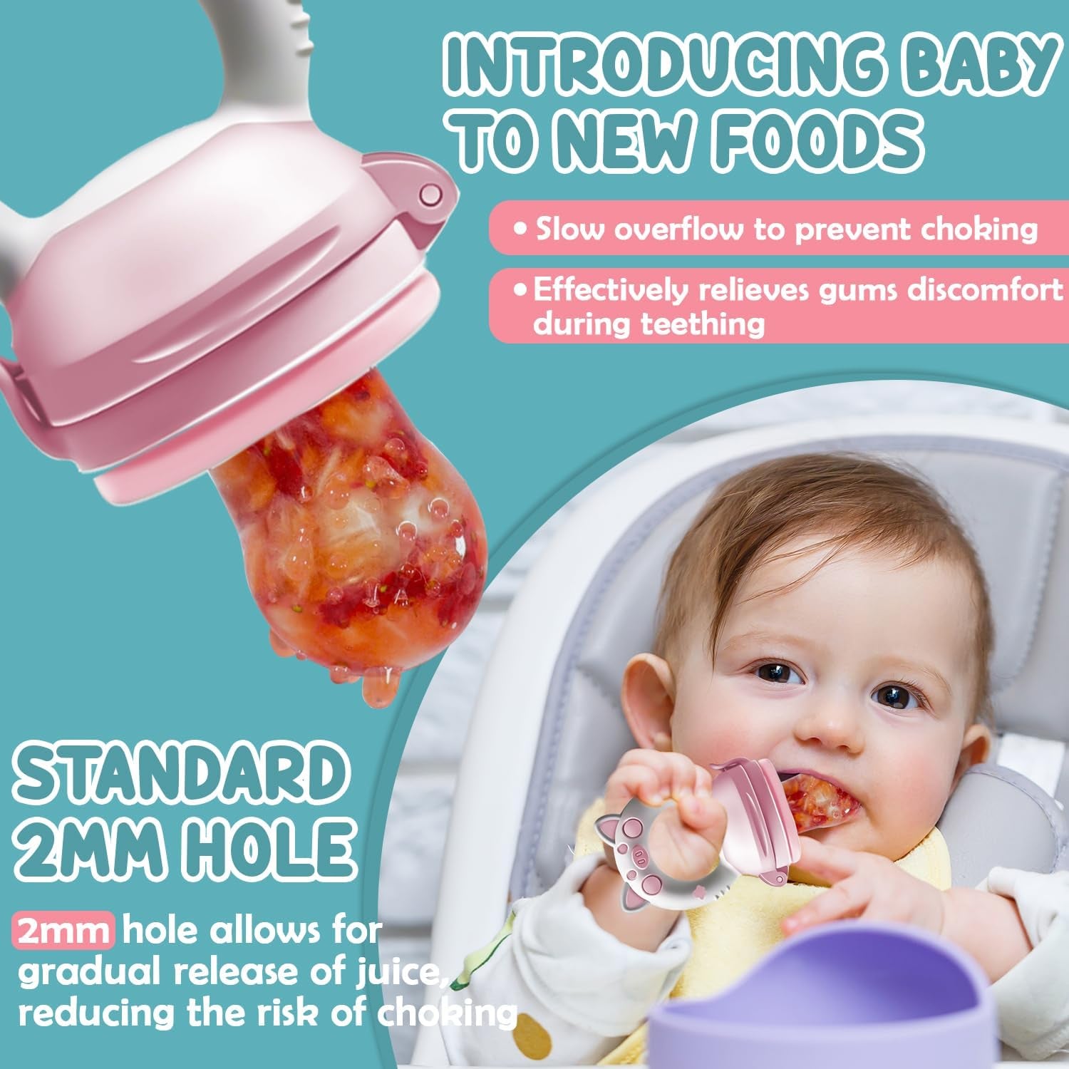Bébé Grignoteuse avec 2 Grignoteuses à Fruits et 8 Tailles de Tétines Sans BPA - Diversification Alimentaire pour Enfants de 3 à 24 Mois, Rose et Bleu