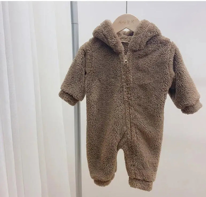 Autumn Baby Rompers Cute Bear Hooded Toddler Boys Rompers Warm Fleece Newborn Baby Clothes