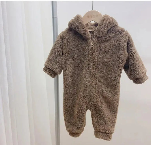 Autumn Baby Rompers Cute Bear Hooded Toddler Boys Rompers Warm Fleece Newborn Baby Clothes
