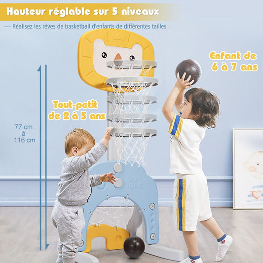 Support De Basket Multifonctionnel 3-En-1 Hauteur Ajustables De 110 À 149Cm Jaune Et Bleu