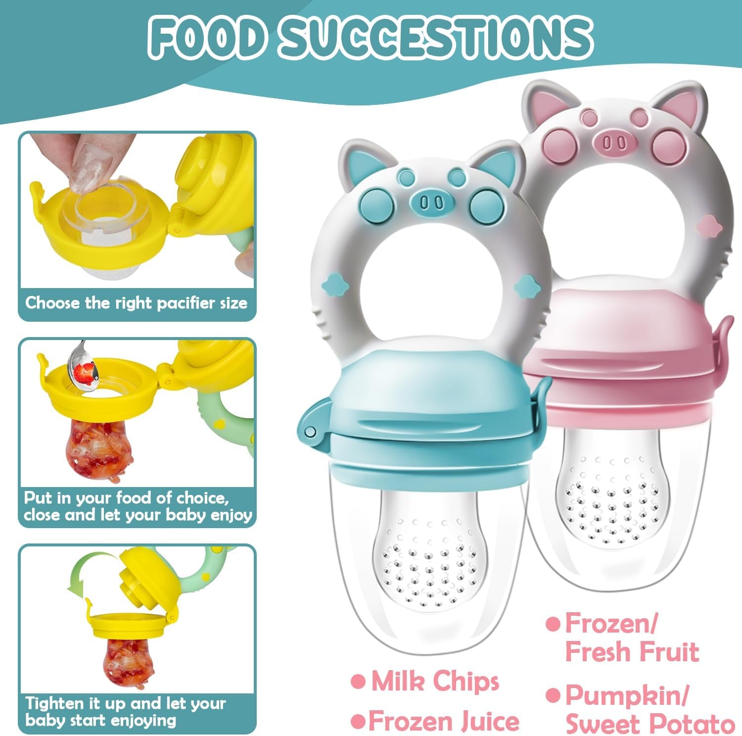 Bébé Grignoteuse avec 2 Grignoteuses à Fruits et 8 Tailles de Tétines Sans BPA - Diversification Alimentaire pour Enfants de 3 à 24 Mois, Rose et Bleu